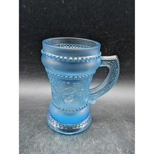 Summit Art Glass Blue Satin Carnival Glass Mug Holly and Berry Beaded Cup 4.25"